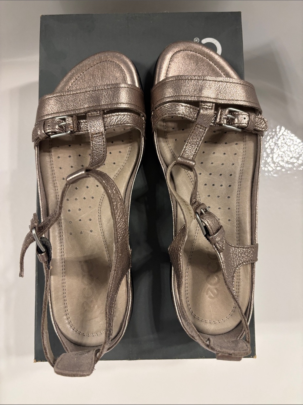 Ecco Metallic Rose Gold T-Strap Women's Sandals